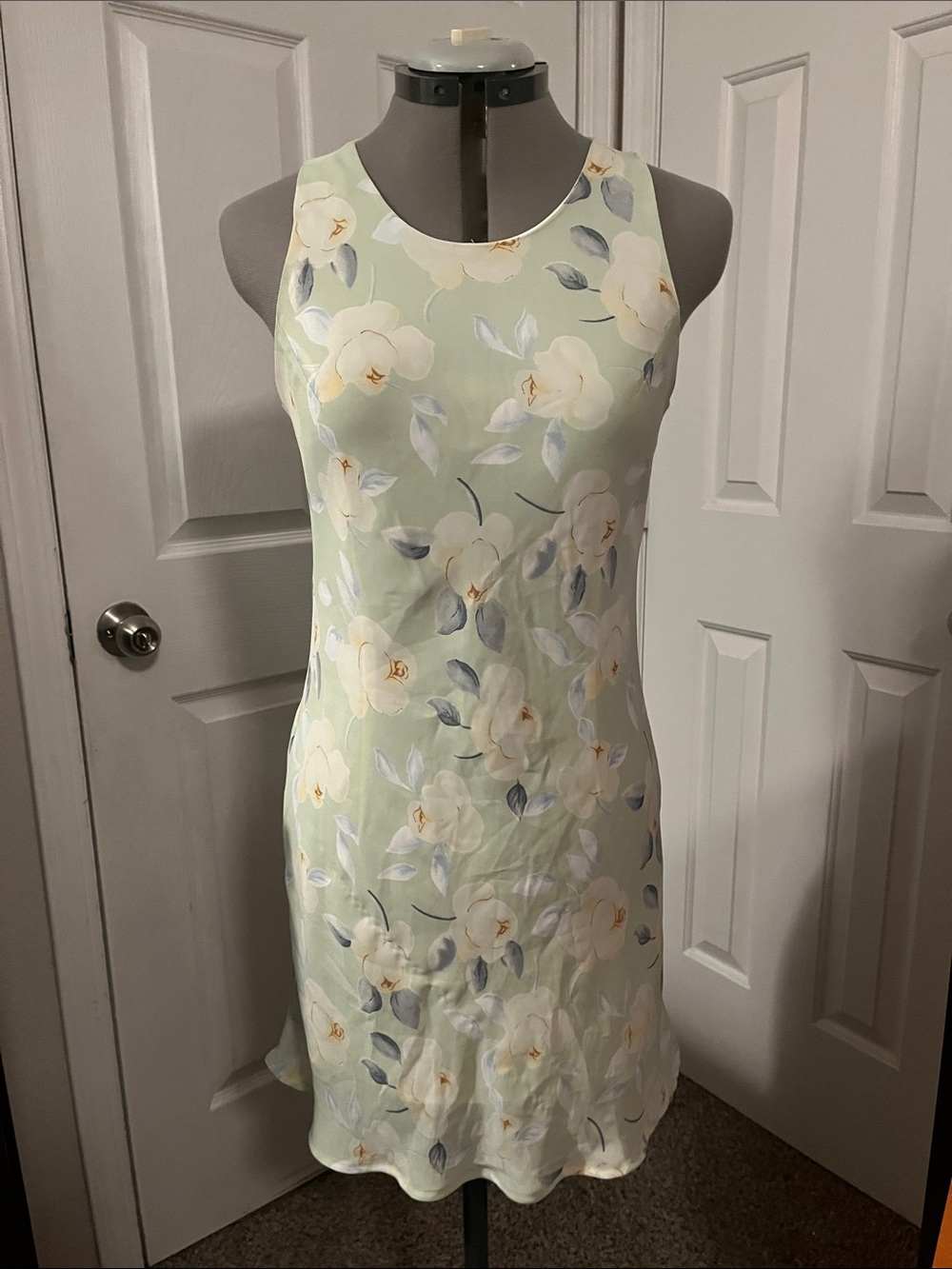 1990s Cement Floral Mini Shift Dress, Pale Yellow & Green, Size 6